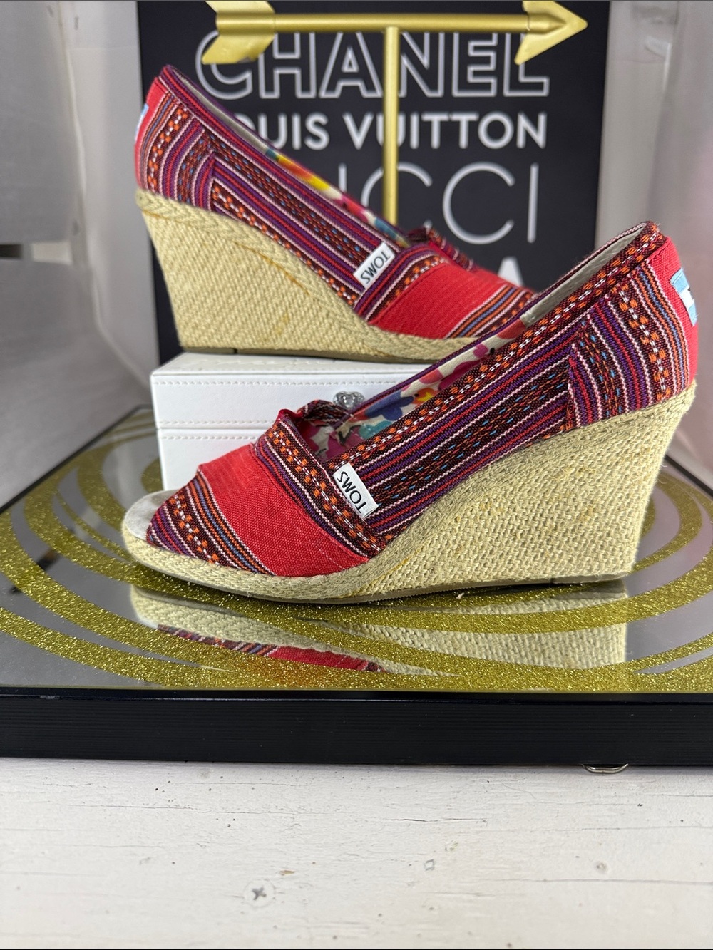 Toms Red Striped Espadrille Wedge Peep-Toe